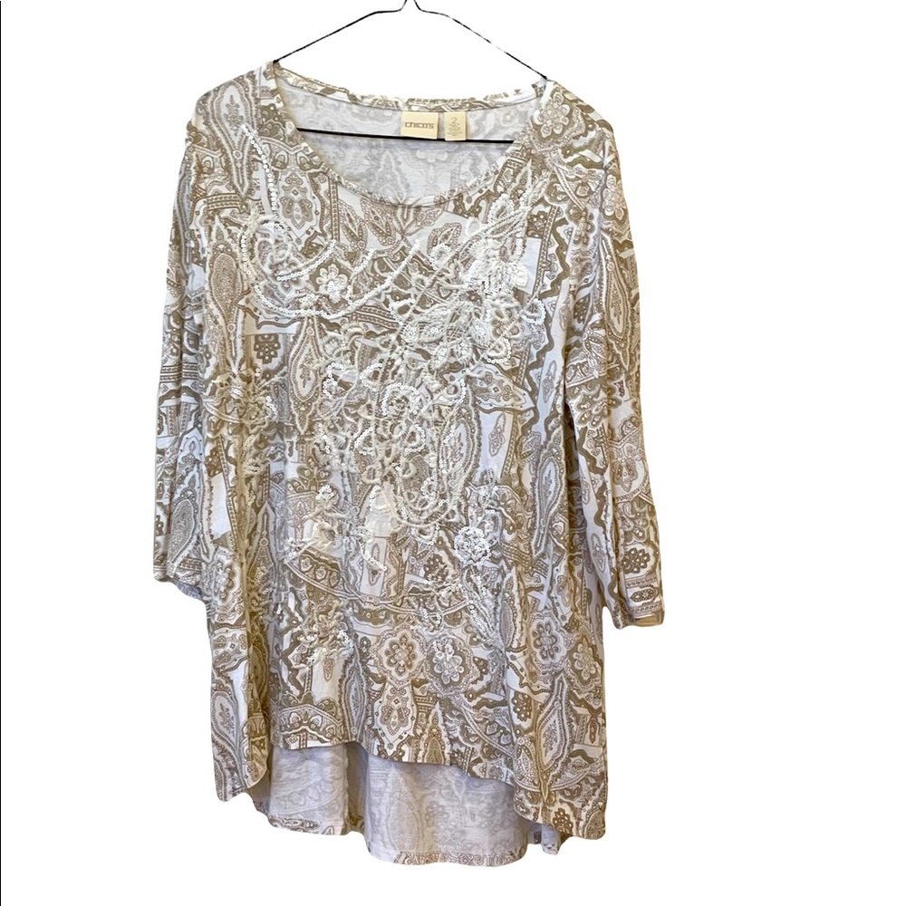 Chico’s Elaborately embroidered Hi-low white/golden beige knit tunic w/sequins